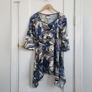 Antoine Y2K Abstract Floral Empire Waist Handkerchief Hem Dress